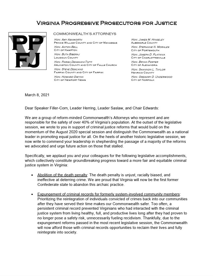 VPPFJ letter to legislative leaders — Taylor listed on the letterhead